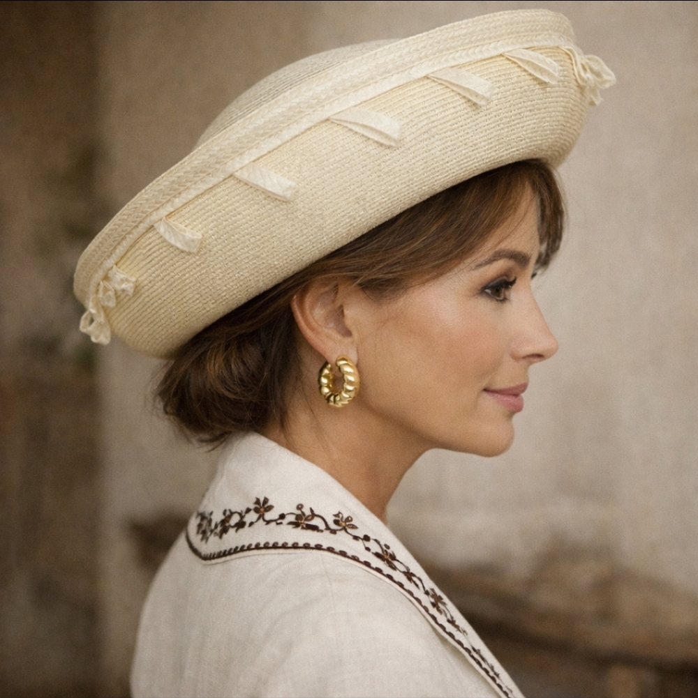 Vtg Adolfo II Old Money Cream Sculptural Wide Brim Accents Straw Hat